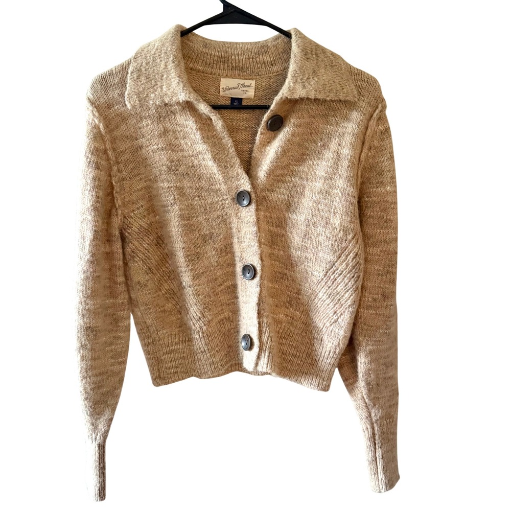 Universal Thread Womens XS Tan Marl Knit Button Front Collared Cardigan Sweater